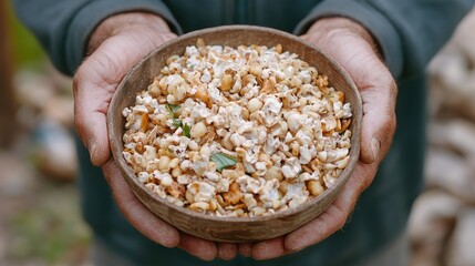 Obraz premium Farmer holding bowl of popcorn, outdoors, harvest