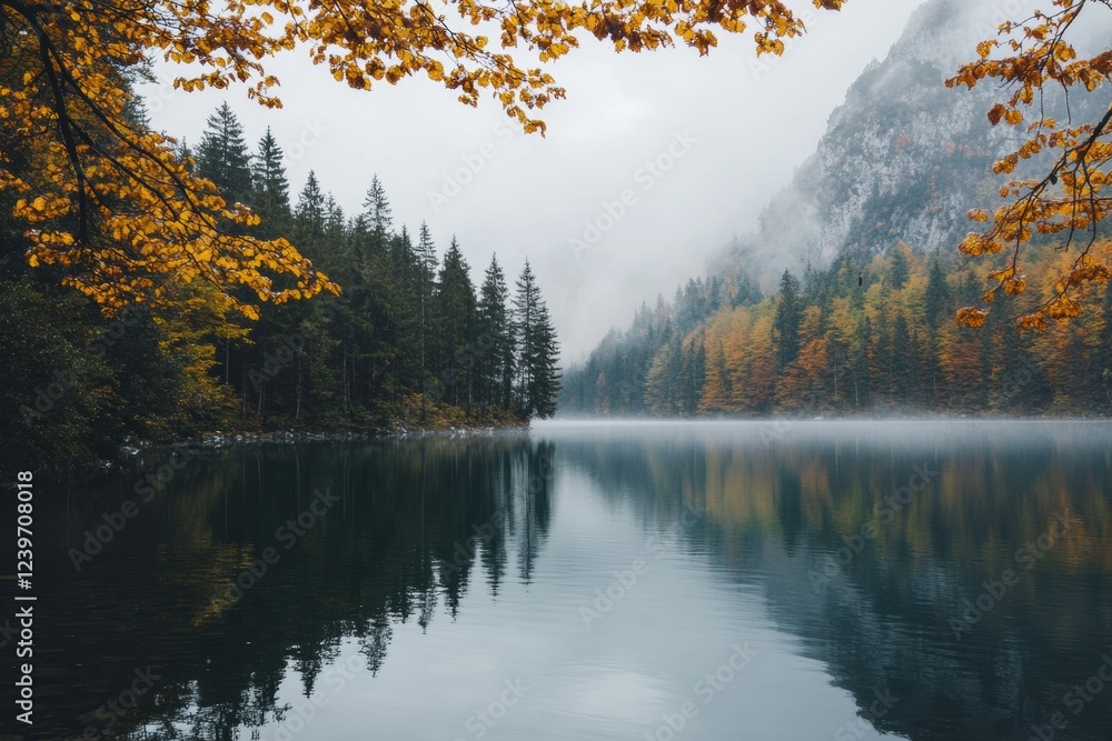 Fototapete Scenic view of misty lake reflecting autumn foliage and mountains on a calm day near the forest. Generative AI