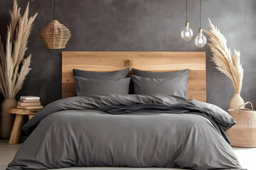 Modern Gray Bedroom Decor Features a Wooden Headboard, Pendant Lamps, Pampas Grass, and Books