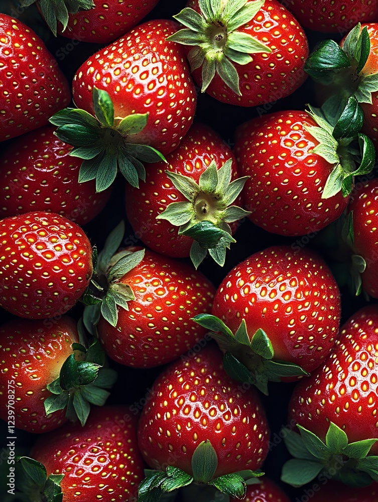 Poster vibrant cluster of fresh strawberries displaying rich red color and green tops : generative ai