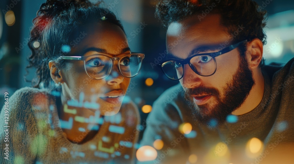 Poster two software developers wearing glasses are working late at night, analyzing code displayed on a tra