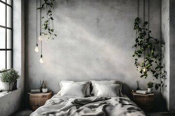 Modern Bedroom Interior with Gray Wall, Bed, and Hanging Plants in Concrete Room Decor.