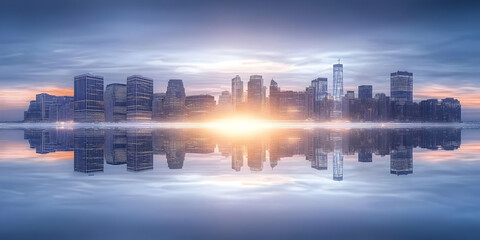 Fototapeta premium Cityscape Reflects in Still Water Under a Dramatic Sunset Sky with Colorful Clouds