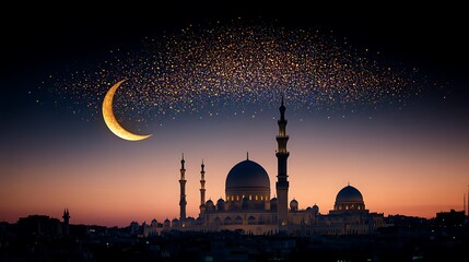 Majestic mosque silhouette under a crescent moon with a starry sky at twilight, serene atmosphere