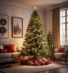 Decorated Christmas tree in a cozy living room background ,  tree,  home,  evergreen