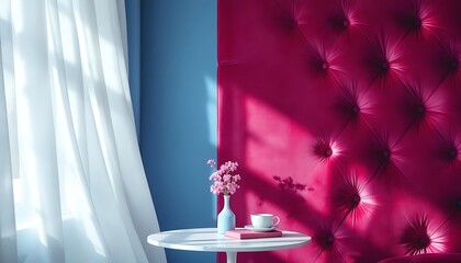 Pink Velvet Headboard Interior Design with Flowers and Coffee