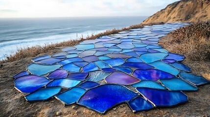 A blue mosaic made of broken glass pieces is on a rocky beach