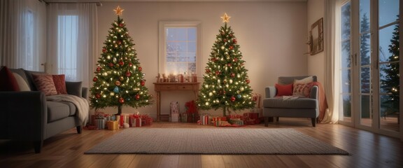 Decorated Christmas tree with ornaments and lights in a cozy living room background,  holiday,  holiday decor,  season