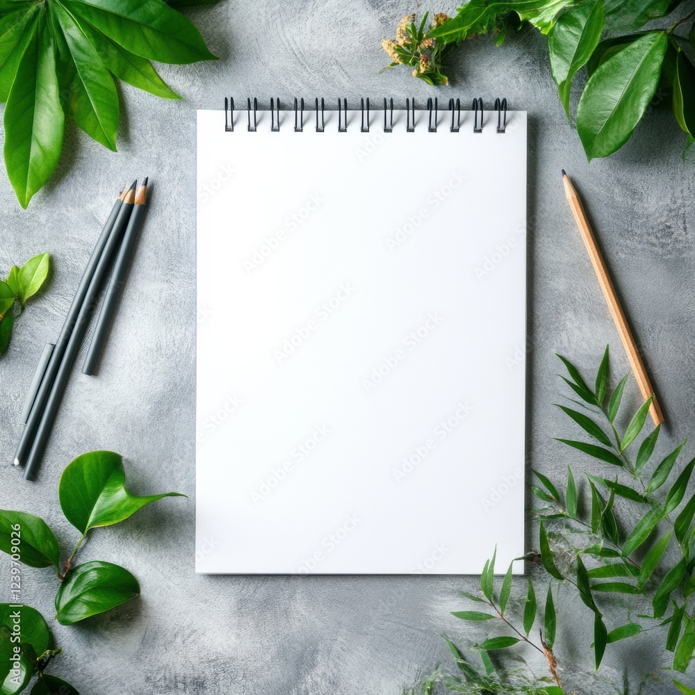 Poster blank sketchbook surrounded by green leaves and pencils on a textured background for artistic inspir
