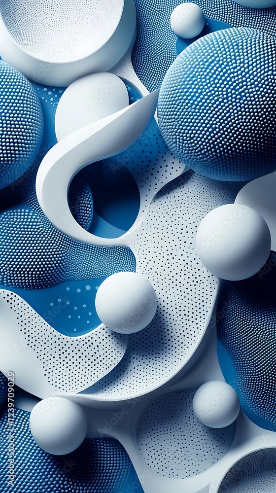 Fototapete dynamic blue and white abstract shapes featuring spheres and curved forms : generative ai