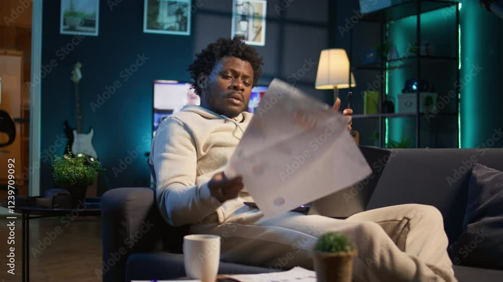 Poster black freelancer does his research by reading articles and data driven papers at home, using phone a