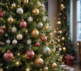 Fototapeta premium Decorated Christmas tree with snowflakes and ornaments, snowflakes, decoration, christmas tree