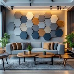 Modern office with a wooden desk, gray chair, laptop, and hexagonal acoustic panels in green, yellow, and gray. Minimalist decor cozy, stylish workspace