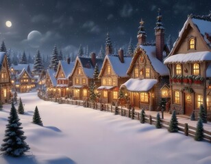 Fototapeta premium Decorated Christmas village on a snowy background, cold weather, holiday cheer, snow-covered buildings