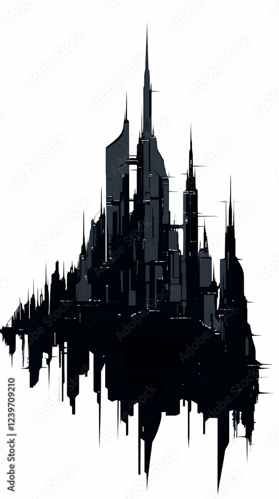 Poster Silhouette of Futuristic Cityscape Dominates White Background with Modern Architecture and Sharp Lines