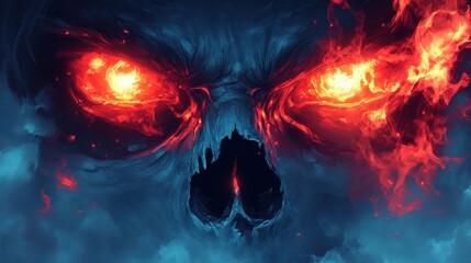 Fototapeta premium Fiery Inferno: A Mysterious Skull-Like Face with Flaming Eyes Amidst Dark Clouds Illustrating a Dramatic and Intense Scene of Fire and Smoke