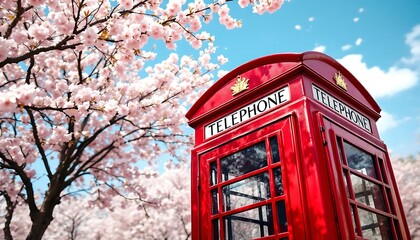 Red Phone Booth Under Cherry Blossoms Spring Scene