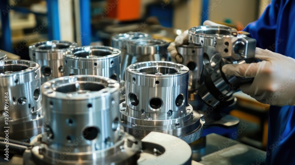 Poster precision metalworking components being inspected on a factory production line