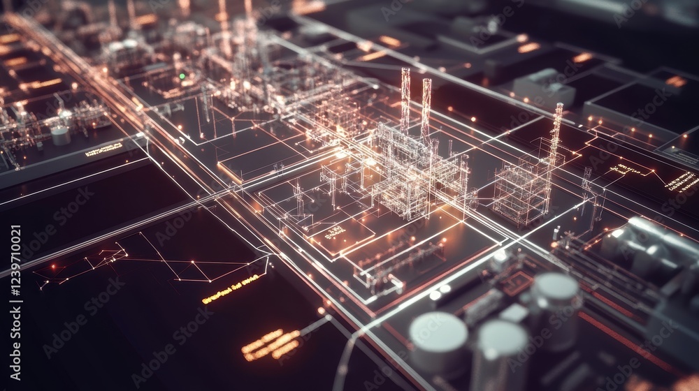 Poster complex network of pipelines and infrastructure elements intertwining with glowing digital lines, sy