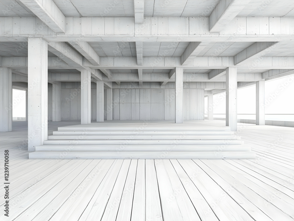 Poster white concrete structure with wooden platform and steps in an empty room
