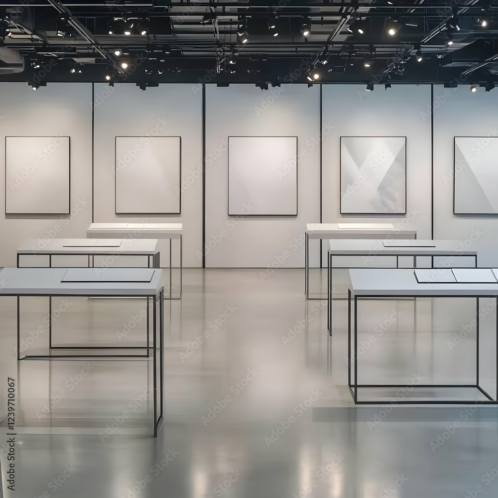Poster modern gallery interior showcases empty frames and tables in a brightly lit space with spotlights.