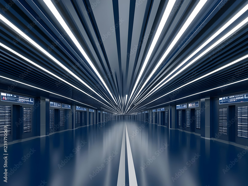 Poster futuristic server room corridor features bright lighting and digital displays with server racks.