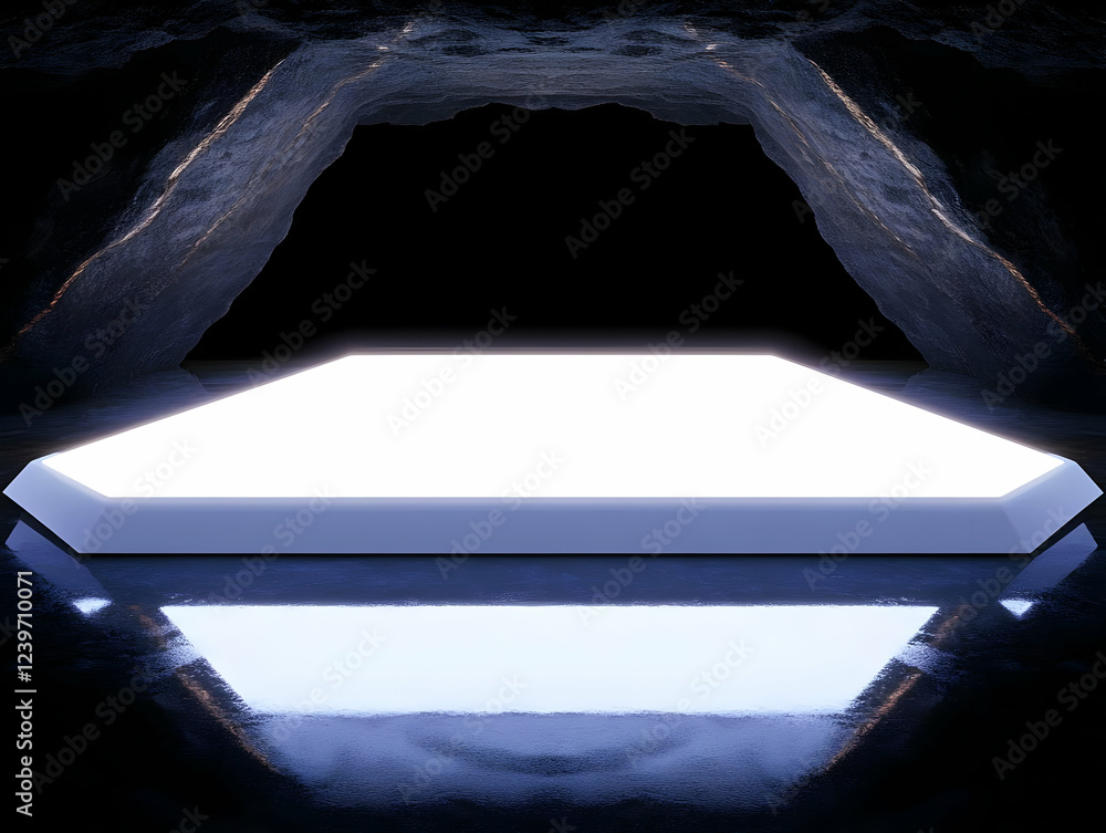 Poster hexagonal platform glows brightly within a dark cave, creating an otherworldly showcase.