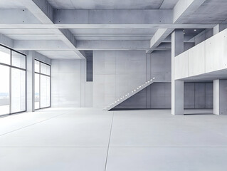 Fototapeta premium Modern Empty Concrete Interior Design with Staircase and Large Windows