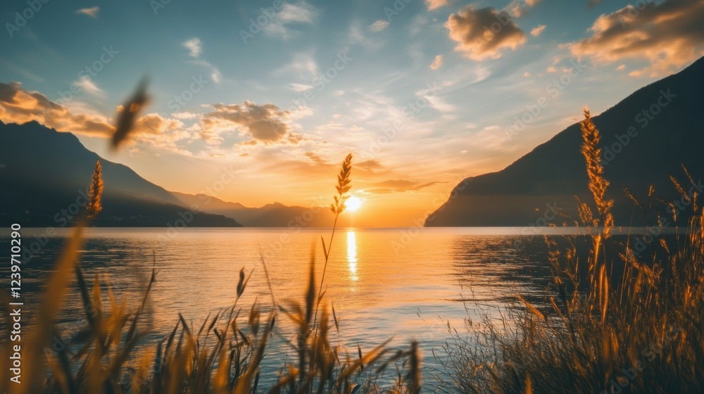 Aufkleber sunset over calm lake with grass in foreground captured during golden hour in serene landscape. gene