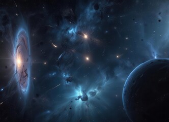 Fototapeta premium Deep space galaxy with many twinkling stars and a dark blue background, space, stars, twinkling