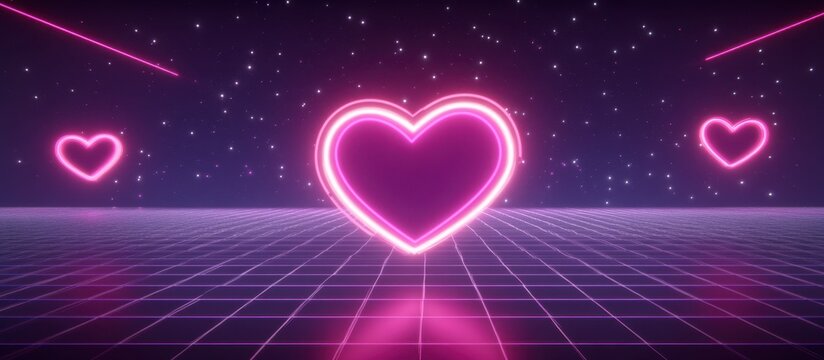 Retro Neon Hearts 80s Grid Landscape Valentine's Day