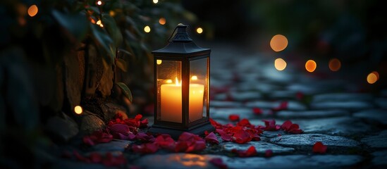 Romantic Candlelight Lantern on Stone Path with Rose Petals