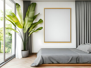 Modern Bedroom Interior Design Showcases a Stylish Bed, Large Tropical Plant, and Golden Frame Artwork Mockup.