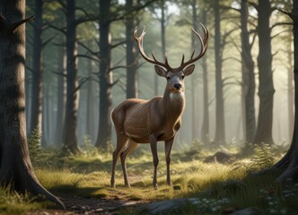 Fototapeta premium Deer standing alone in forest clearing, with large eyes and curved antlers, animals, wilderness, outdoors