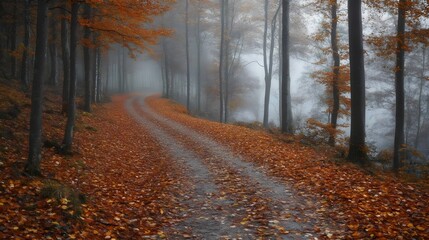Obraz premium A road with a path of leaves on it