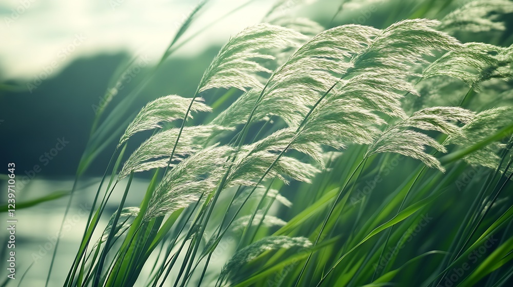 Poster charming view of delicate grass gently moving in the breeze with sunlight caressing its surface : ge