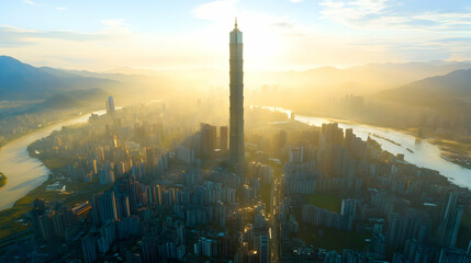 Obraz premium Skyscraper stands tall amidst cityscape at sunrise, overlooking a river and mountains.