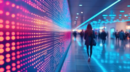 Woman walking in a vibrant, illuminated corridor with colorful digital displays and blurred figures