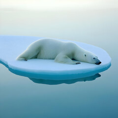 Fototapeta premium Polar Bear Rests Peacefully on a Small Ice Floe in Calm Blue Arctic Waters