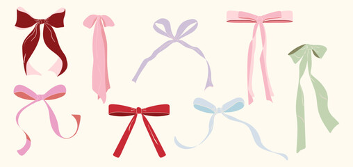 A set of hand-drawn multicolored bows with ribbons. Isolated. Vector illustration for wedding invitations, menus, cards for Christmas, Valentine's day, birthday and other holidays. 
