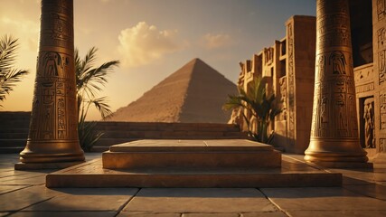 aesthetic ancient egyptian themed podium on sunset background