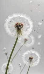 Obraz premium Delicate dandelion seeds float gently in air after being blown on white background, simplicity, flat lay, nature