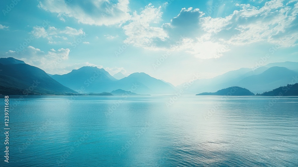 Aufkleber Beautiful serene lake surrounded by mountains under a bright blue sky with soft clouds in early morning light. Generative AI