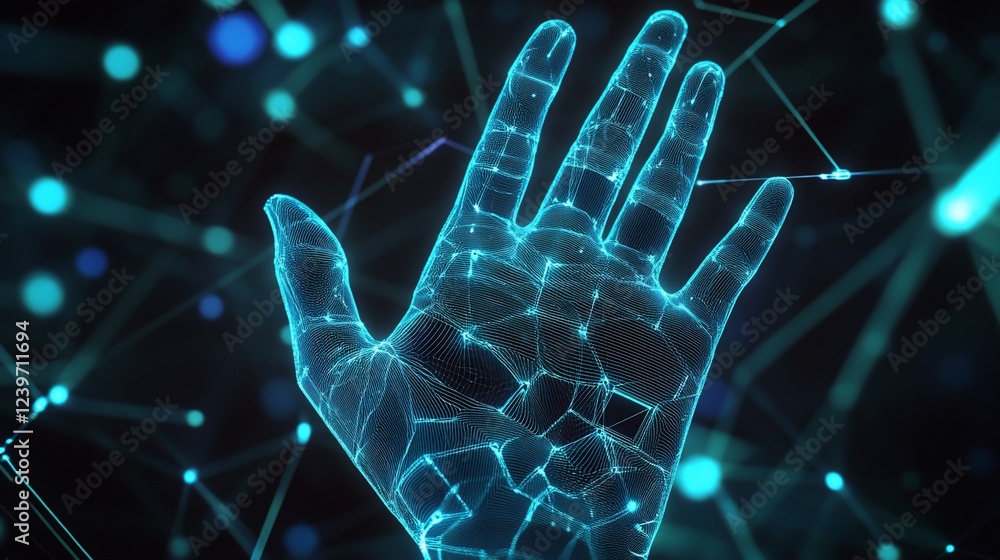 Poster digital hand representation with glowing interconnected dots and lines