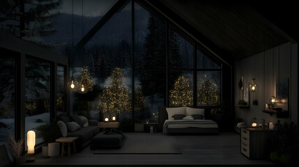 Fototapeta premium Cozy Cabin Bedroom Showcases Winter Wonderland View Through Large Windows on a Snowy Night.