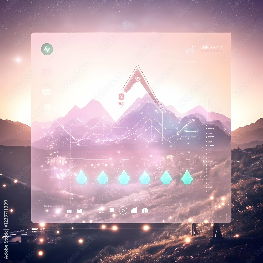 Poster futuristic interface displays data over a mountain landscape at sunset with glowing icons and graphs
