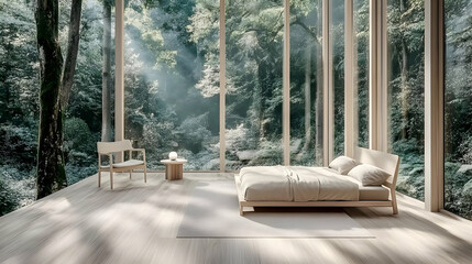 Modern Minimalist Bedroom Interior with Forest View in Sunlight, Offering Tranquil Relaxation and Escape