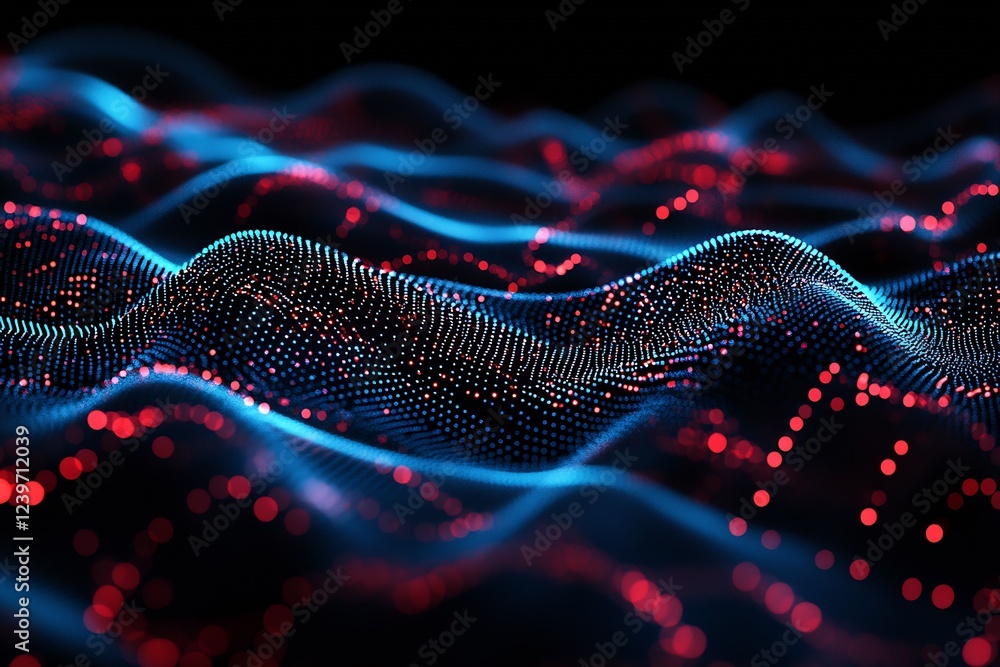 Poster Illuminated Digital Waves with Complex Patterns of Glowing Red and Blue Dots : Generative AI