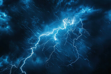 Fototapeta premium Eerie electric storm with intense blue lightning bolts splitting the darkness.