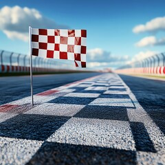 A checkered flag stands at the finish line of a racetrack, symbolizing victory and the end of a race under a clear blue sky.